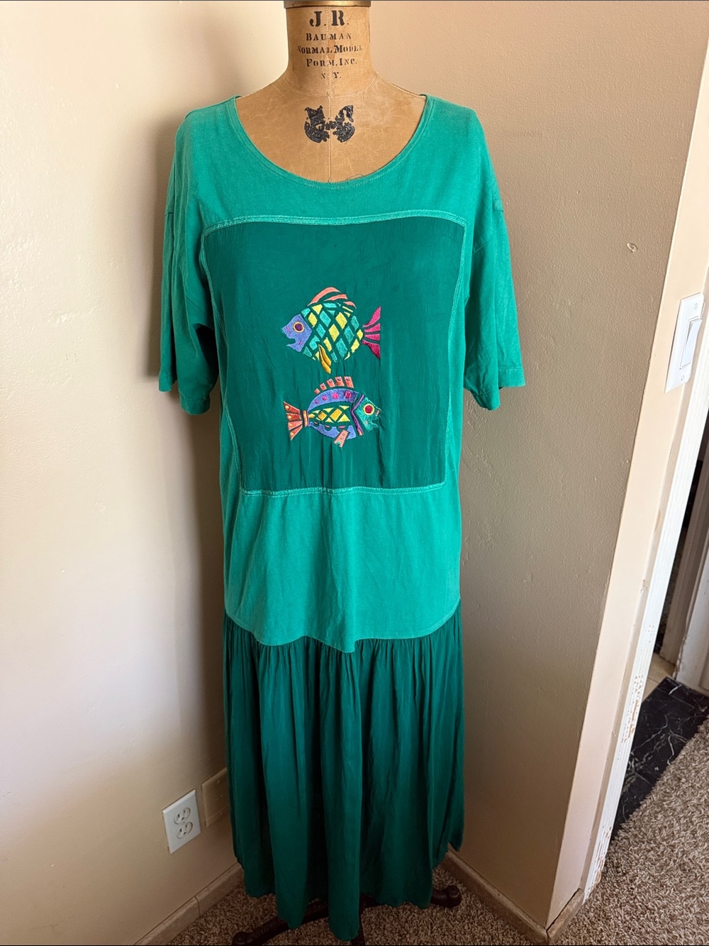 Vintage Johnny Was J-Shirt Embroidered Fish Maxi Dress S made in USA 100% cotton